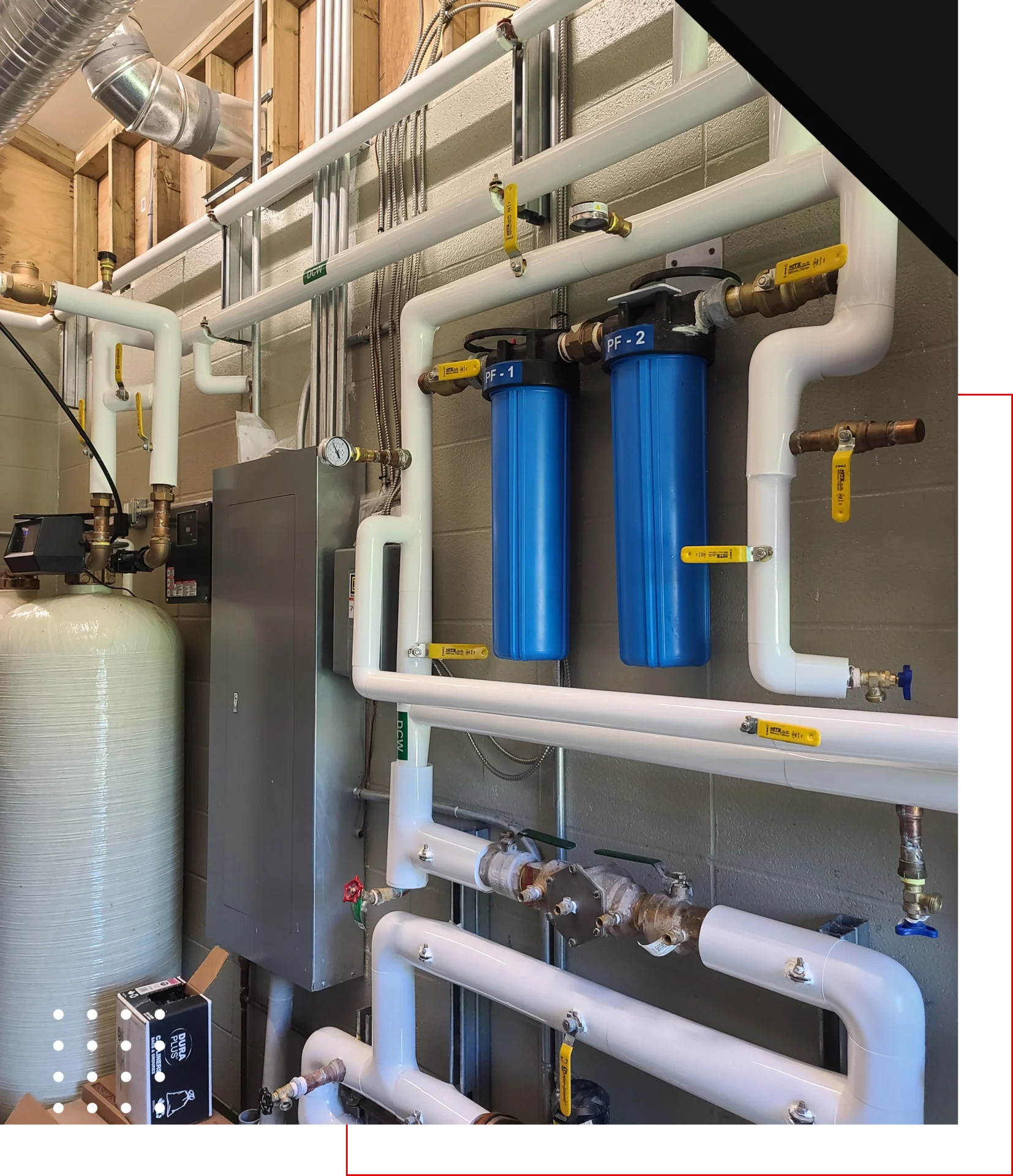 Water filtration system with blue filter units.